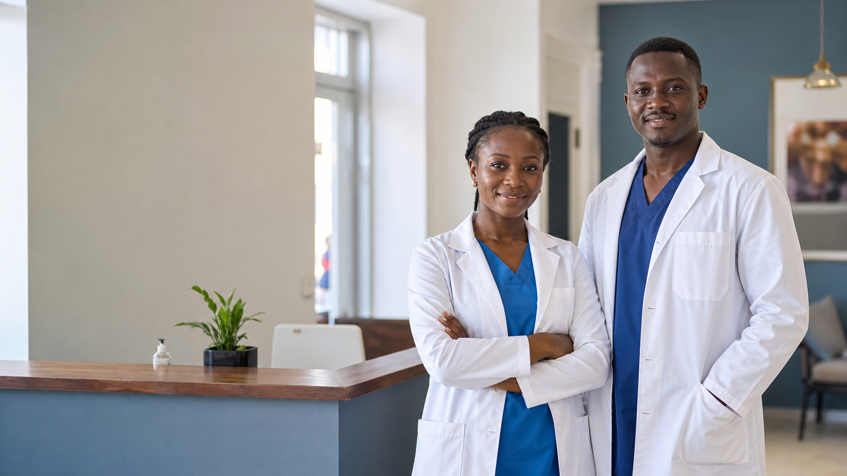 Équipe médicale accueillante dans un environnement clinique moderne